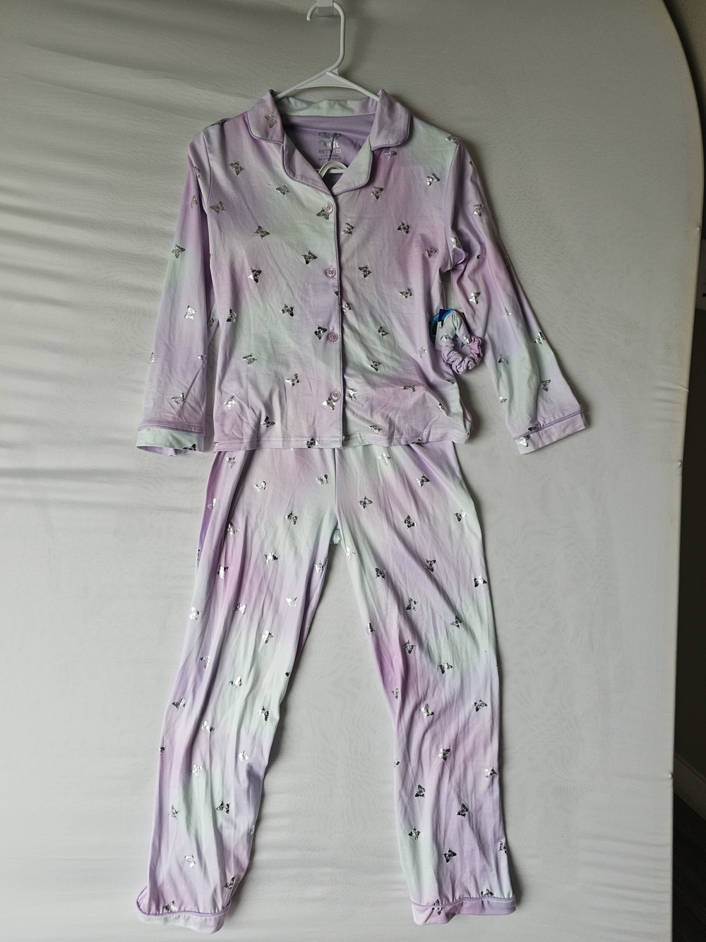 NWT Sleep On It Girl's Size 10/12 Butterfly Pajama Set + Scrunchie Ombre